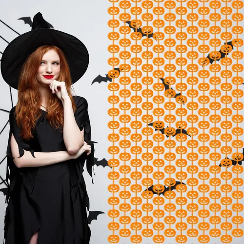 Miniatura 3 de Paquete de 2 cortinas de flecos metálicos de Halloween de 3.2 x 6.6 pies, cortinas de oropel en forma de calabaza naranja, accesorios para fotos