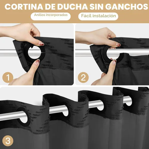 Miniatura 2 de FADOTY Juego de cortina de ducha y forro sin gancho, cortina de ducha negra con broches a presión sin anillos, tela chevron acolchada, impermeable