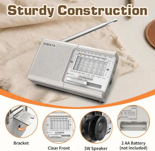 Miniatura 5 de XHDATA D219 Radios Portátiles AM FM con Fuerte Recepción Diseño Compacto, Pequeña Radio Transistor Operada con Pilas (AA) Altavoz de Sonido Claro