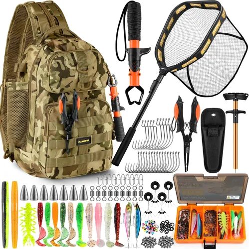 Miniatura 12 de PLUSINNO Bolsa Impermeable Tipo Bandolera para Aparejos de Pesca con Cajas de Aparejos y Portacañas, Regalos para Hombres con Señuelos, Alicates