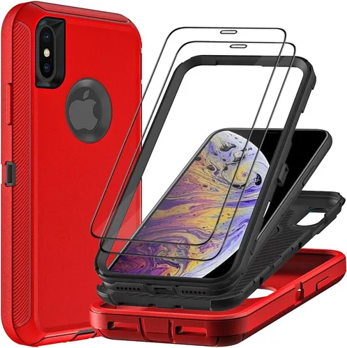 Miniatura 9 de Funda para iPhone X/iPhone Xs con 2 protectores de pantalla de vidrio templado, grado militar 3 en 1, resistente a prueba de golpes, a prueba