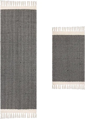 Lahome Alfombra bohemia de algodón lavable, alfombra de cocina de 2 x 6 y 2 x 3 pulgadas, alfombra ligera de algodón tejido para baño con borlas,