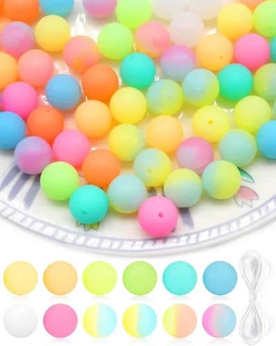 Miniatura 8 de 100 cuentas de lentejas de silicona de 0.47 pulgadas (0.472 in) de goma de ábaco espaciador suelto con cordón de 16.4 ft para pulseras, collares