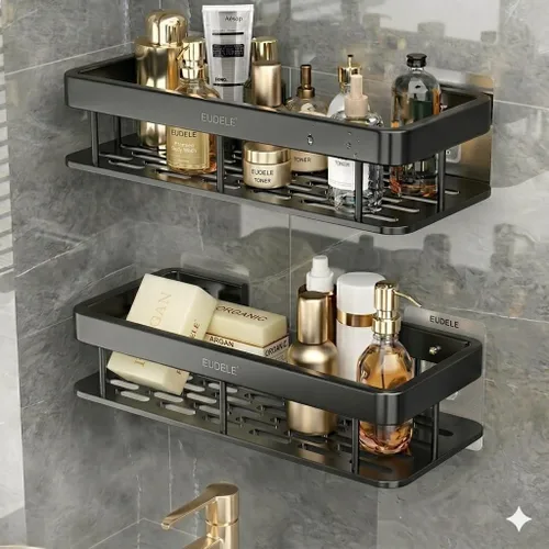 EUDELE Aluminium Pack of 2, Self Adhesive Bathroom Shelf for Wall Shelf Organizer Wall Mounted Bathroom Shelves Rack Holder Stand for Bathroom