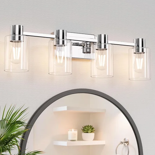 Lámparas de tocador modernas de 4 luces sobre el espejo, lámparas de baño cromadas, luces de tocador, aplique de pared con pantalla de vidrio Cromo
