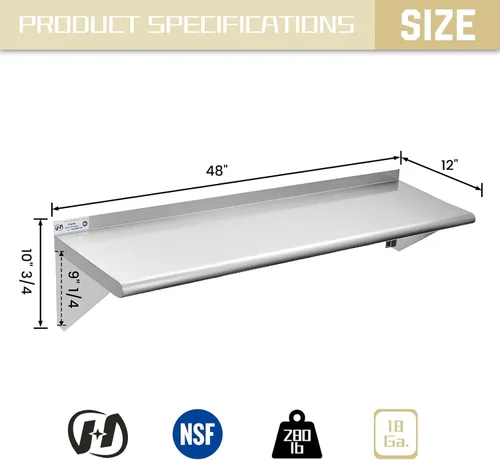 Miniatura 3 de Hally Estante de acero inoxidable de 12 x 48 pulgadas, 280 libras, estante flotante de montaje en pared comercial NSF para restaurante, cocina