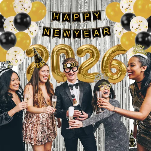 Miniatura 6 de Suministros para fiesta de Año Nuevo 2026 – Kit de decoración de Feliz Año Nuevo – Juego de 50 unidades incluye pancarta, sombreros, cinta, gafas