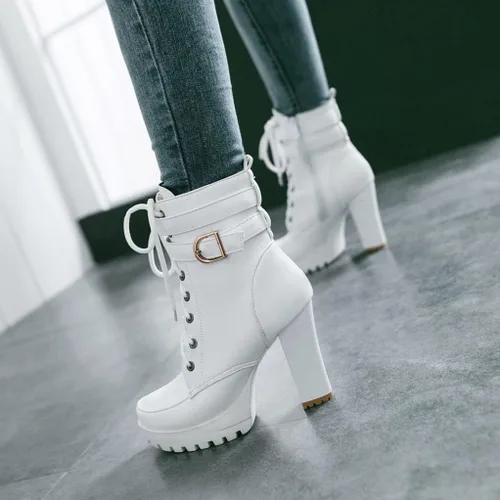 Miniatura 9 de MIOKE Botines elegantes con plataforma de punta redonda para mujer, con cordones, cierre de cremallera, tacón alto, botines cortos