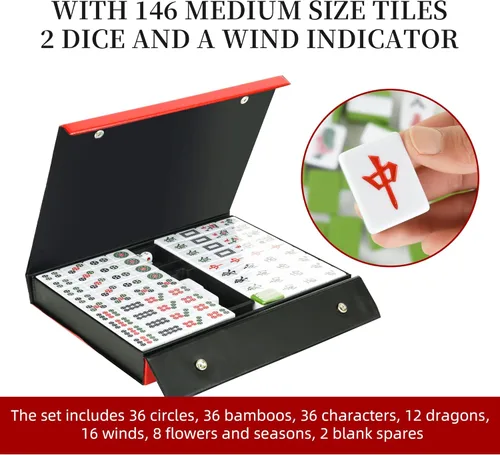 Miniatura 3 de 34MM chino verde medio Mahjong establece 144+2 azulejos de melamina 1.3 "azulejo con caja de transporte portátil completo juego de mahjong