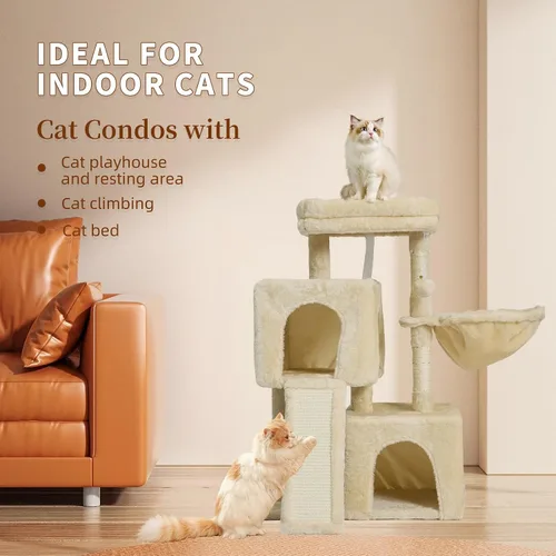 Miniatura 2 de Árbol para gatos de 35.8 pulgadas con cama doble para gatos y hamaca, rascador de felpa con plataforma cómoda para dormir y pelota de juguete