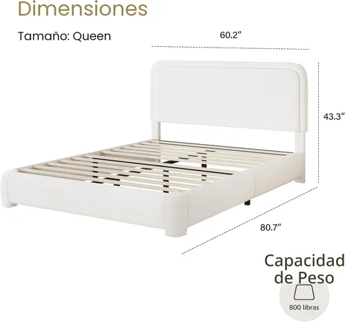 Miniatura 2 de Base de cama Queen de BarnFurin con cabecera, base de cama tapizada con plataforma de Boucle, esquinas redondeadas y lujosas, no requiere somier