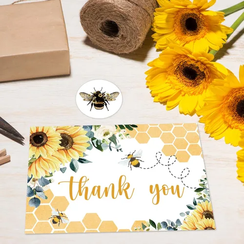 Miniatura 5 de Whaline 24 tarjetas de agradecimiento de abeja de girasol a granel, tarjetas de felicitación florales de verano con adhesivo sobre para boda, baby