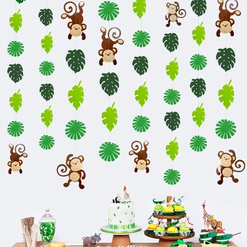 Guirnalda de recortes de hojas de palma de mono, decoración de fiesta de selva, monos, decoraciones de pared colgantes para niños, decoración de