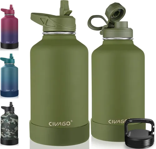 Miniatura 6 de CIVAGO Botella de agua aislada de 22 onzas con pajita, frasco de agua deportiva de acero inoxidable con 3 tapas