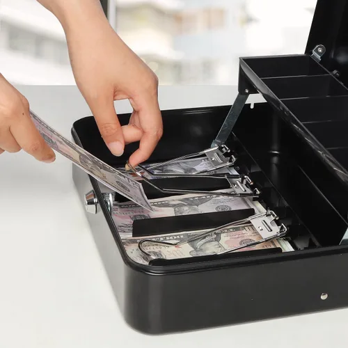 Miniatura 7 de Jssmst - Caja grande de seguridad para dinero con bandeja; caja con cerradura para dinero con cable de seguridad y cerradura de llave, de metal