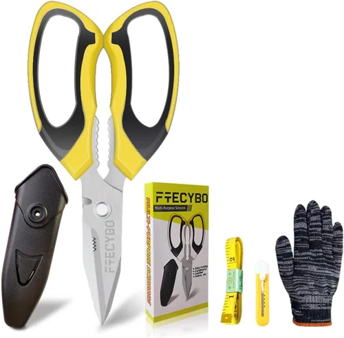 Miniatura 7 de Tijeras resistentes de 8'' de usos múltiples con cubierta protectora, hojas serradas de acero inoxidable, corte fácil de cartón, cuero, tela, cables