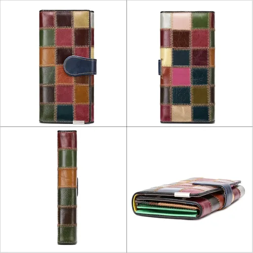 Miniatura 2 de MASIWEI Cartera de piel auténtica con retazos para mujer, multicolor, triple, tarjetero, organizador de dinero con monedero, Multicolor3