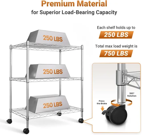 Miniatura 5 de YSSOA Estantes de almacenamiento resistentes de 3 niveles, capacidad de 750 libras, 24.02 pulgadas de profundidad x 13.78 pulgadas de ancho x 29.92