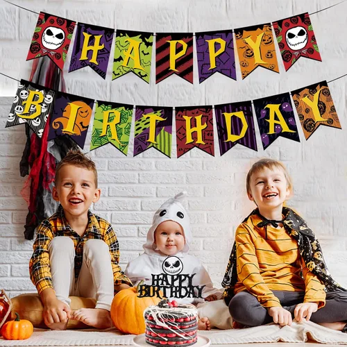 Miniatura 2 de Cartel de cumpleaños de Jack Skellington y decoración de pastel de cumpleaños de Jack Skellington para Halloween, pesadilla de terror, Navidad