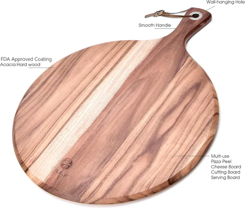 Miniatura 2 de BILL.F Pala para Pizza de Madera de Acacia, Tabla de Cortar de 10", Tabla de Paddle para Queso, Bandeja de Pan y Galletas para Servir y Preparación
