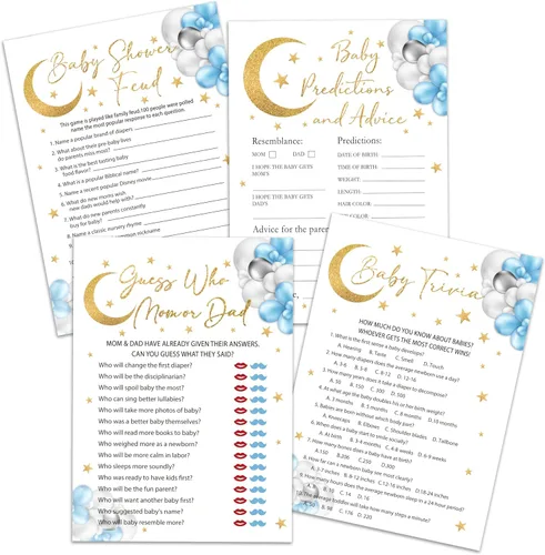 Moon Stars - Juego de juegos para baby shower, 4 juegos que incluye trivias, peleas de baby shower, predicciones y consejos, encuentra quién mamá o