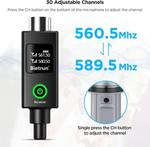 Miniatura 7 de Bietrun Micrófono Inalámbrico XLR, Conjunto de Micrófono Dinámico de Metal Portátil Dual UHF con Receptor Recargable, Adaptador XLR a 1/4