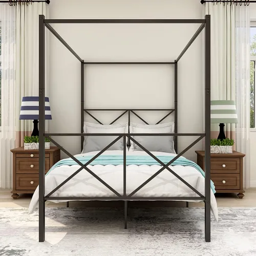 Miniatura 3 de Majnesvon Marco de cama con dosel de metal, 4 pósteres de metal, plataforma de 14 pulgadas con cabecera incorporada, soporte de colchón de listones