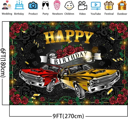 Miniatura 2 de Telón de fondo retro para automóvil de 9 x 6 pies para fiesta de cumpleaños, fiesta temática de los años 50, suministros de decoración de fiesta