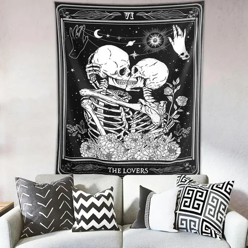 Miniatura 2 de KJHL The Lovers - Tapiz de calavera para colgar en la pared, tapiz gótico negro de bruja, tapiz de esqueleto vertical oscuro, tapices estéticos