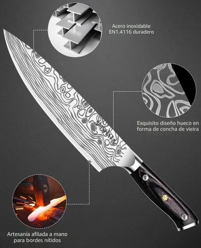 Miniatura 3 de MOSFiATA - Cuchillo de chef profesional súper afilado de 8 pulgadas con protector de dedos y sacapuntas, acero inoxidable alemán de alto carbono
