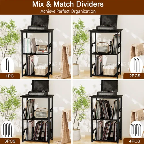 Miniatura 7 de LOAKEKEL Soporte para tocadiscos con almacenamiento de vinilo, mesa auxiliar de 3 niveles con estante, soporte giratorio alto con divisores