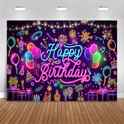 Mocsicka Neon Happy Birthday Banner Backdrop Glow in The Dark Graffiti Party Backdrop Decorations for Kids Adults Mustic Let's Glow Birthday