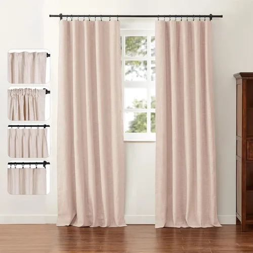 Miniatura 28 de ChadMade Cortina reductora de luz con bolsillo para barra, cortina de mezcla de lino y algodón para oficina, 96 pulgadas de largo, con pestaña Beige