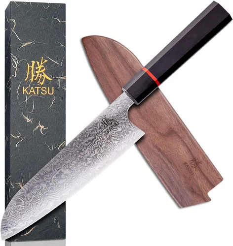 Cuchillo Santoku de cocina, acero de damasco, cuchillo de cocina japonés, mango de madera octogonal hecho a mano, funda de madera y caja de regalo