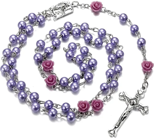 Miniatura 2 de SZQCZB Rosario - Collar católico con medalla del suelo sagrado Crucifijo con caja de metal y 18 tarjetas de oración
