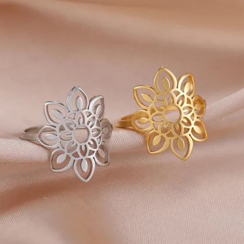 Miniatura 6 de TEAMER Anillo de loto de acero inoxidable hueco anillo de loto geométrico, joyería simple para mujer