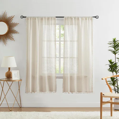 Miniatura 11 de ZJDECOR Cortinas traslúcidas de encaje bohemio de 54 pulgadas de largo, juego de 2 paneles de cortinas con patrón geométrico rústico beige