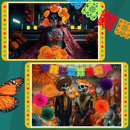 Miniatura 5 de Newwiee Juego de 82 velas LED de papel sin llama, abanico de flores de caléndula, diseño de mariposa monarca, papel picado, mantel desechable