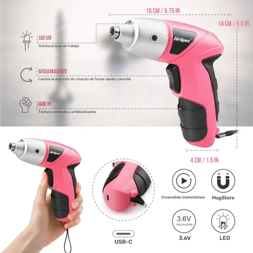 Miniatura 3 de Hi-Spec Destornillador eléctrico 27pc 3.6V rosa USB pequeño juego de destornilladores eléctricos. Inalámbrico y recargable con juego de puntas