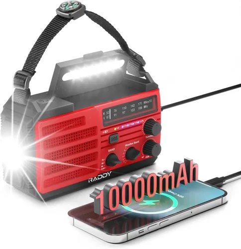 Batería de 37000 mWh: radio de emergencia Raddy SW10, manivela solar, radio AM FM NOAA con linterna de batería recargable, brújula de alarma SOS,