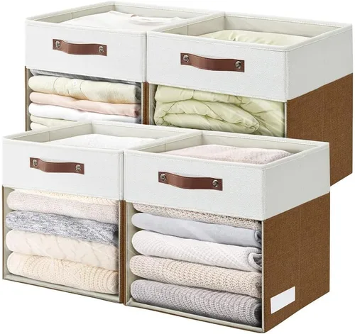 Miniatura 10 de Bagnizer Cubos de Almacenamiento, Paquete de 4 Contenedores de Almacenamiento Plegables de Lino (13 x 13 pulgadas) con Ventana Transparente y Asas