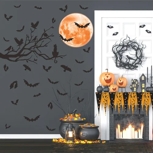 Miniatura 6 de Halloween Moon Wall Sticker Black Bat Wall Stickers Vinyl Crow Bird Tree Branch Wall Decals Removable Halloween Moon Bat Wall Decals Bats Window