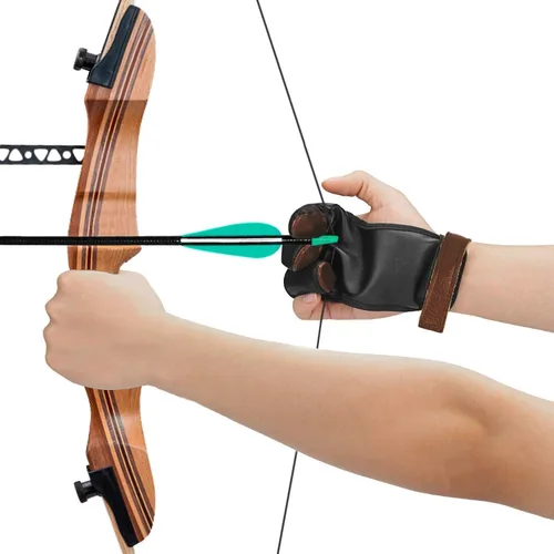 Miniatura 6 de Guante de tiro con arco – Lengüeta de tres dedos con protector de dedo de cuero duradero para arcos recurvos y largos – Protector cómodo