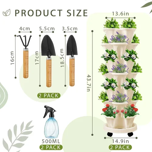 Miniatura 2 de Umigy Juego de 2 macetas verticales de 7 niveles, apilables, macetas de fresa, hierbas y verduras, macetas de jardinería para interiores