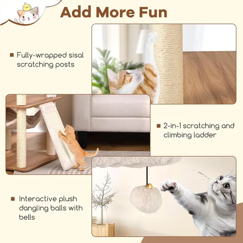 Miniatura 6 de Tangkula Árbol alto para gatos, torre para gatos de madera moderna de 68 pulgadas con postes rascadores de sisal, 3 perchas acolchadas, condominio