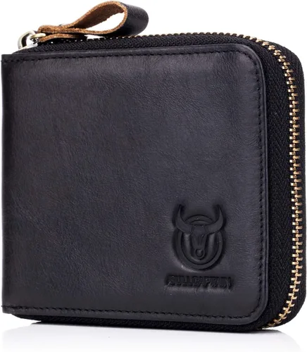 BULLCAPTAIN Cartera de cuero genuino con cremallera para hombre bloqueo RFID cremallera segura y plegable alrededor de carteras cartera con