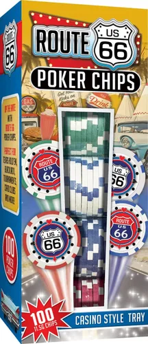 Masterpieces Casino - Route 66-100 piezas de fichas de póquer con bandeja, calidad premium, educativa y divertida actividad para niños y familias -