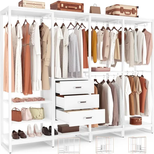Miniatura 8 de Aheaplus Organizador de Closet de Madera para Colgar Ropa, Perchero de Ropa Resistente, Sistema de Closet en Esquina en Forma de L Grande con 3