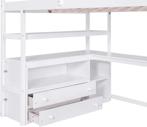 Miniatura 6 de Quarte Cama alta multifuncional, cama alta tamaño matrimonial con escritorio integrado y estantes de almacenamiento, dos cajones y escalera