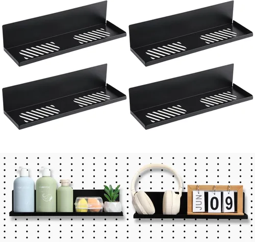 Miniatura 11 de Therwen Paquete de 4 estantes magnéticos para tablero de clavijas, organizador de pared, estante de metal con bandeja de acero, accesorios Negro